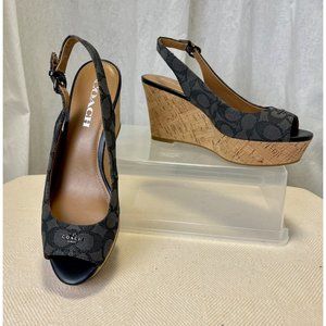 Coach Ferry Cork Canvas Open Toe Signature Gray Black Wedges 8 B